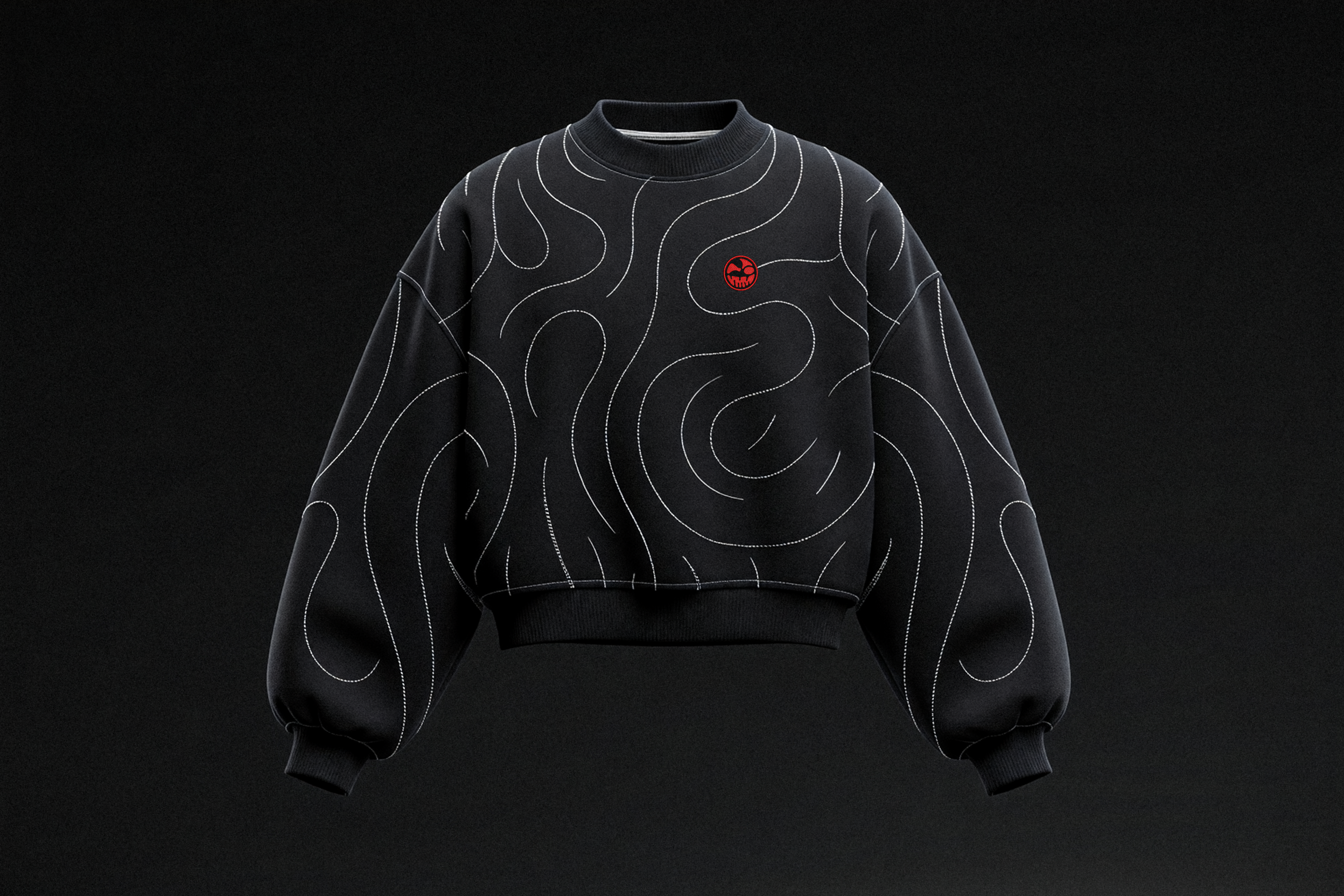 Black WeirdCo cocoon pullover with bone-white contour stitching